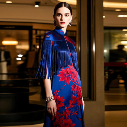 GLAMOUR NYMPH格拉玫兰原创桑蚕丝潮流流苏立领新潮红蓝刺绣显瘦高定连衣裙